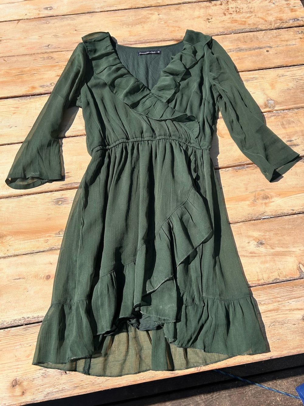 Abercrombie & Fitch Olive Green Ruffle Wrap-Front Dress